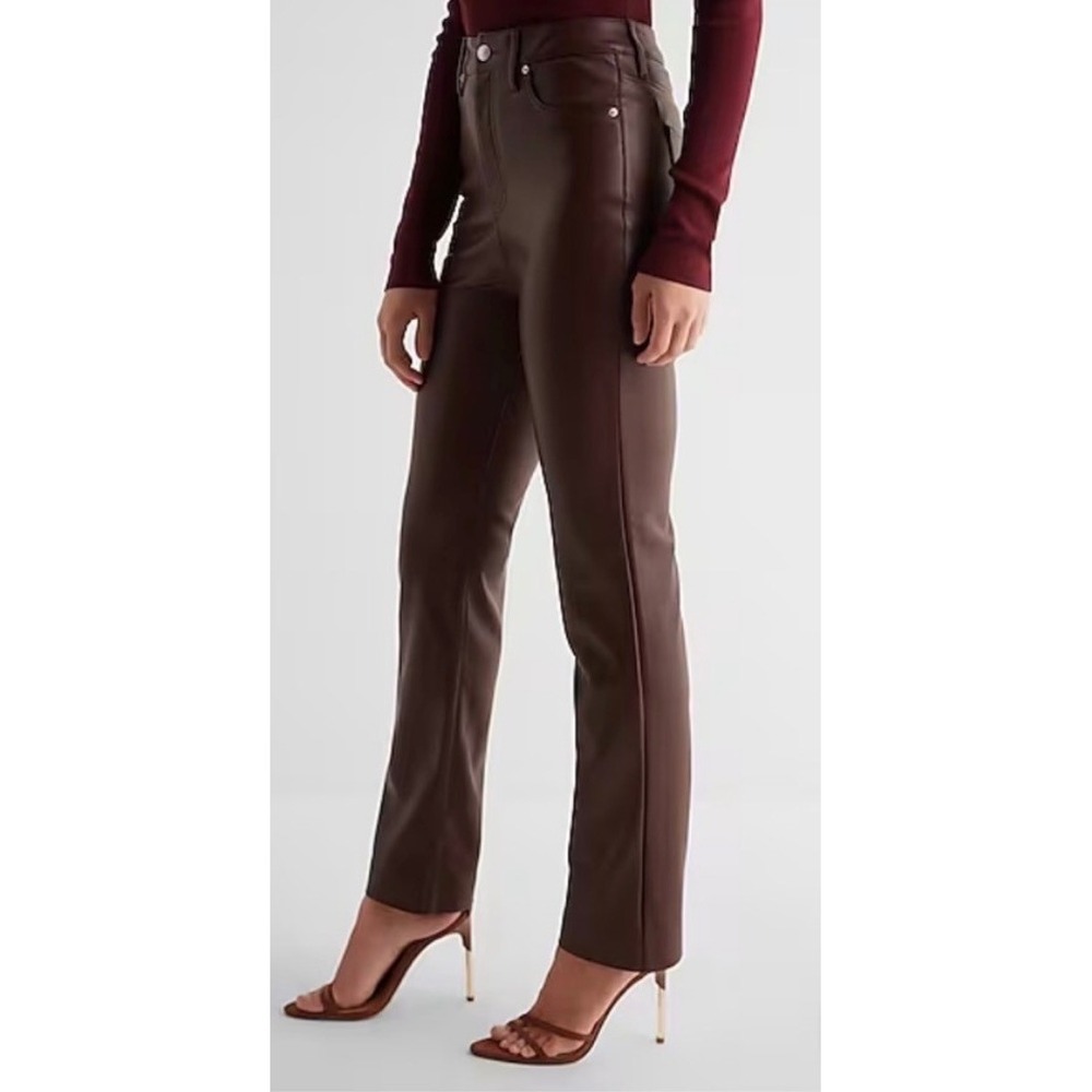 Chic Express 90s Slim Super High Rise Faux Leather Pants Burgundy Brown 10R - Picture 2 of 10
